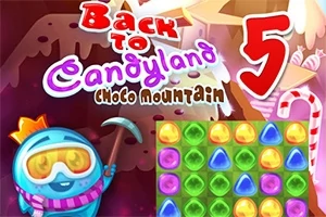 Fargerikt tegneserieaktig bilde med en blå karakter med krone og skibriller som holder en hakke, ved siden av et panel med fargerike juveler og teksten Back to Candyland Choco Mountain 5