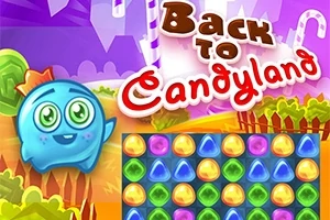 En tegneserieillustrasjon med fargerike drops, et blått smilende figur, og teksten Back to Candyland i en fantasifull landskap