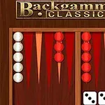 Et backgammon-brett med røde og hvite brikker og to terninger som viser tre og fem