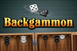 To terninger svever over teksten Backgammon med et backgammonbrett i bakgrunnen