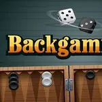To terninger svever over teksten Backgammon med et backgammonbrett i bakgrunnen
