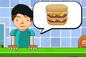 En figur med lue står bak en benk og peker på en snakkeboble med et bilde av en hamburger med flere lag