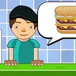 En figur med lue står bak en benk og peker på en snakkeboble med et bilde av en hamburger med flere lag
