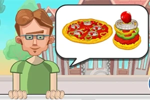 En tegneseriefigur med briller står foran en bygning med en snakkeboble som viser bilder av en pizza og en hamburger