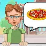 En tegneseriefigur med briller står foran en bygning med en snakkeboble som viser bilder av en pizza og en hamburger