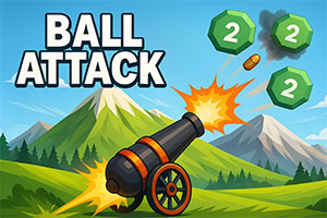 Tegnet kanon som skyter mot grønne steinblokker med tall, foran fjellandskap og teksten «BALL ATTACK»