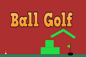 Rød bakgrunn med teksten Ball Golf i oransje, samt enkle grønne former og en golfball ved et hull