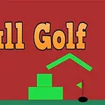 Rød bakgrunn med teksten Ball Golf i oransje, samt enkle grønne former og en golfball ved et hull