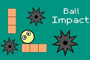 Gul ball med ansikt omgitt av pigger og mursteiner på grønn bakgrunn med teksten Ball Impact