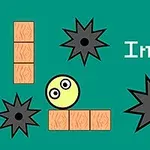 Gul ball med ansikt omgitt av pigger og mursteiner på grønn bakgrunn med teksten Ball Impact