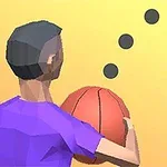 En stilisert person i lilla skjorte holder en basketball foran en gul bakgrunn med tre svarte prikker over seg