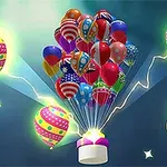 Fargerike ballonger med mønster svever over en liten boks, omgitt av lysglimt og en animert hånd peker på en knapp