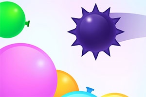 Fargerike ballonger mot en lys bakgrunn med en lilla spiky form i midten