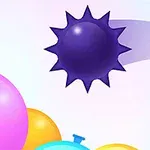 Fargerike ballonger mot en lys bakgrunn med en lilla spiky form i midten