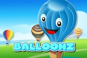 Blå luftballong med ansikt og smil, omringet av andre fargerike ballonger mot en bakgrunn av blå himmel og grønne åser, med ordet Balloonz nederst