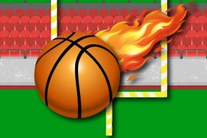 En basketball med flammer foran fotballmål med røde seter i bakgrunnen