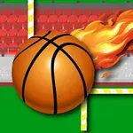 En basketball med flammer foran fotballmål med røde seter i bakgrunnen