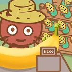 En tegnet figur med hatt står bak en bod med bananer og en kasseapparat som viser prisen $0,00