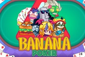 Tegneseriefigurer med pokerfjes i forskjellige stiliserte kostymer foran fargerik tekst som sier Banana Poker