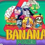 Tegneseriefigurer med pokerfjes i forskjellige stiliserte kostymer foran fargerik tekst som sier Banana Poker