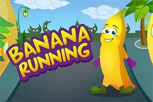 En animerte bananfigur med lilla hansker og sko smilende på en vei, med teksten BANANA RUNNING ved siden av