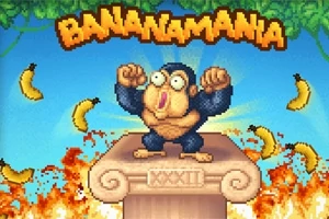 En tegneserieape står på en sokkel omgitt av svevende bananer og flammer, med teksten Bananamania over