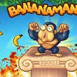 En tegneserieape står på en sokkel omgitt av svevende bananer og flammer, med teksten Bananamania over