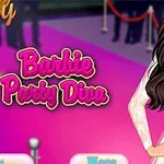 Illustrasjon av en dukke i en elegant, glitrende kjole foran en rosa bakgrunn med teksten Barbie Party Diva