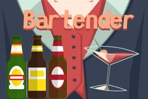 Illustrasjon av en bartender med tre flasker foran seg og en cocktail i et martiniglass