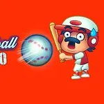 Tegneseriefigur med baseballutstyr og ball mot rød bakgrunn
