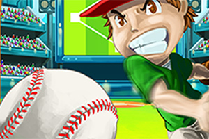 En tegnet scene av en baseballspiller i grønn uniform som svinger et balltre, med en stor baseball i forgrunnen