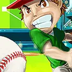 En tegnet scene av en baseballspiller i grønn uniform som svinger et balltre, med en stor baseball i forgrunnen