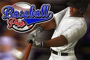 En baseballspiller i en hvit og grå uniform slår en ball med balltreet, med teksten Baseball Pro og en ball i bakgrunnen