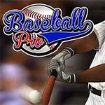 En baseballspiller i en hvit og grå uniform slår en ball med balltreet, med teksten Baseball Pro og en ball i bakgrunnen
