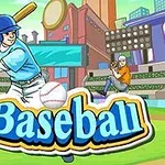 En tegneseriestil illustrasjon av en baseballspiller som svinger et balltre på en stadion med ordet Baseball i forgrunnen