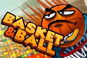 Tegneserieinspirert basketball med ansikt og uttrykk, omgitt av teksten Basket & Ball foran et publikum på tribunen