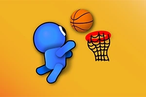 Blå tegneseriefigur kaster en basketball mot en kurv på oransje bakgrunn