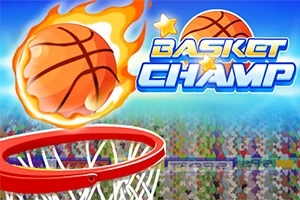 En flammende basketball nærmer seg en basketballkurv i forgrunnen, med teksten Basket Champ i bakgrunnen