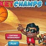 Tegneserieaktig bilde med en basketball som nærmer seg en kurv, en aktivert spillmeny og to figurer hvorav en bærer en rød drakt med nummer 8