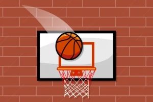 En basketball som er på vei mot nettet på en basketballkurv foran en mursteinsvegg