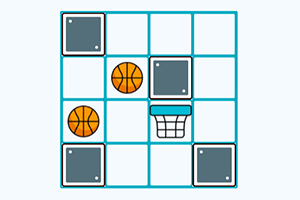 Illustrasjon av et rutenett med basketballer, grå blokker og en basketballkurv