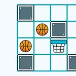 Illustrasjon av et rutenett med basketballer, grå blokker og en basketballkurv