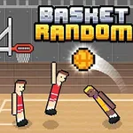 Piksellgrafikk av en basketballkamp med fire spillere, to basketballkurver og teksten Basket Random øverst i bildet