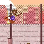 En pixelerert basketballspiller med nummer 42 hopper for å slam dunk en basketball på en utendørsbane med en murvegg og bysilhuett i bakgrunnen
