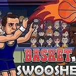 To basketballspillere konkurrerer om en flammende basketball foran et publikum på tribunen