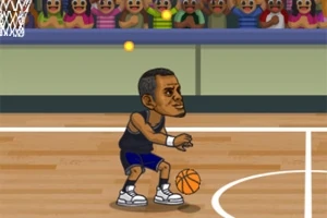 En tegneseriefigur spiller basketball på banen foran et publikum