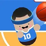 Tegneseriefigur med blå panneband og drakt nummer 10 kaster en basketball i kurven på en basketballbane