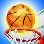 En basketball som svever over kurven med en lysende glød mot en blå bakgrunn