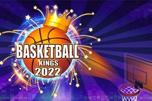 En illustrasjon av en basketball med en krone, omgitt av lys og stjerner, med teksten Basketball Kings 2022 og en basketballkurv i bakgrunnen