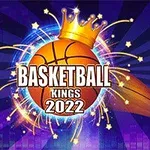 En illustrasjon av en basketball med en krone, omgitt av lys og stjerner, med teksten Basketball Kings 2022 og en basketballkurv i bakgrunnen